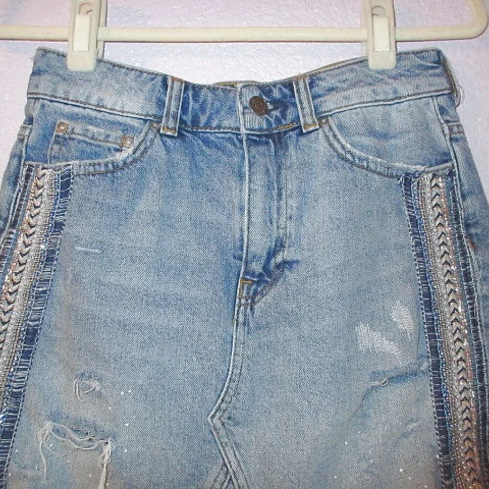 We The Free People Denim Mini Skirt Size 0 McBling Distressed Boho Hippie Grunge